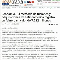 El mercado de fusiones y adquisiciones de Latinoamrica registra en febrero un valor de 7.212 millones